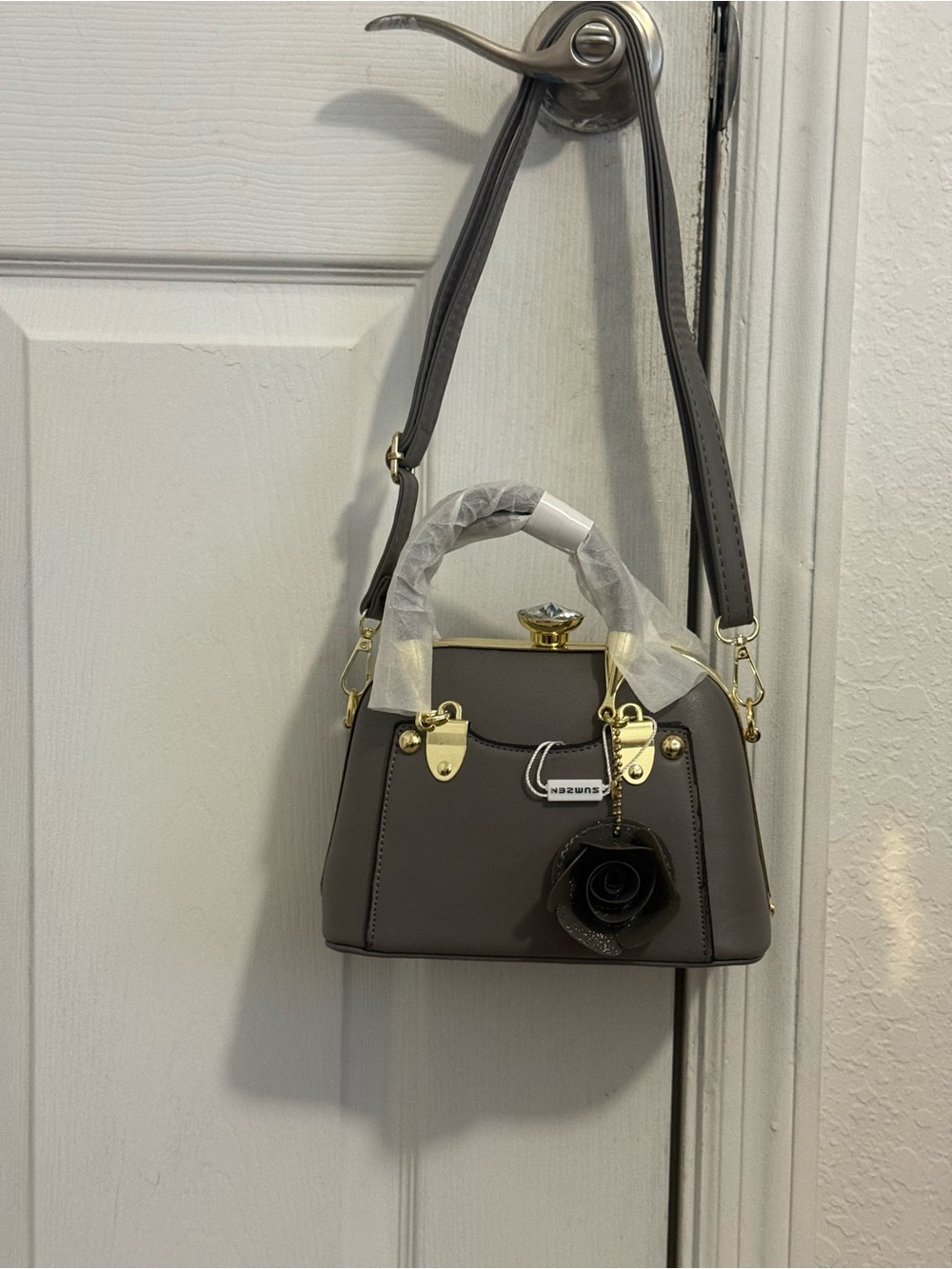 Structured Women's Top-Handle Bag in Dark Taupe with Gold Hardware